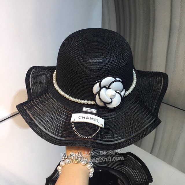 Chanel爆款女士帽子 香奈兒山茶花波浪大帽沿草帽遮陽帽  mm1509